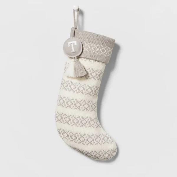 Knit Wondershop Monogrammed T Stocking White/Grey