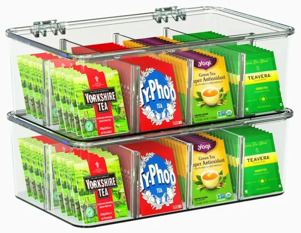 Utopia Home 2 Pack Tea Bag Organizer - Stackable Tea Bag Storage Organizer with Clear Top Lid - Tea Bag Holder for Counter Tops, Kitchen Cabinets,