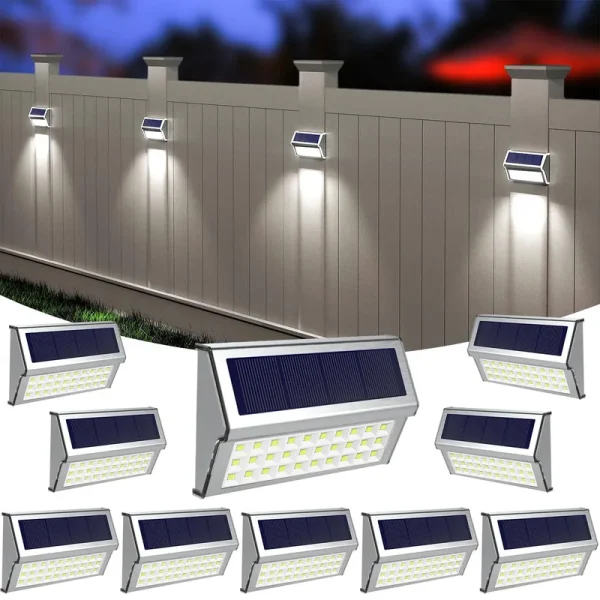 ROSHWEY Deck Lights Outdoor 10 Pack 30 LED Stainless Steel Fence Post Solar Lamps Waterproof Step Lighting for Walkway Stairs, Cool White Light