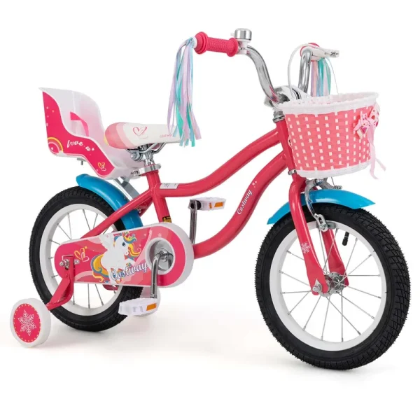 Costway 14 in Kids Bike with Basket Doll Seat & Colorful Streamers 2 Training Wheels Pink