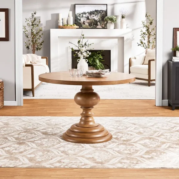 My Texas House Perry Round Dining Table with Warm Brown Finish and Pedestal Base