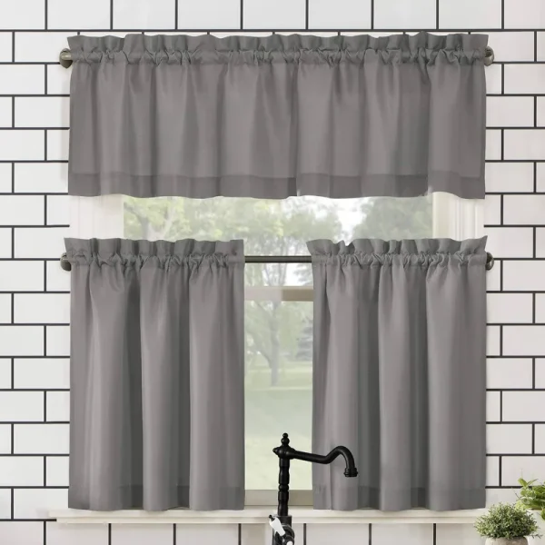 No. 918 Martine Microfiber Semi-Sheer Rod Pocket Kitchen Curtain Valance and Tiers Set - Gray - 54" x 24"