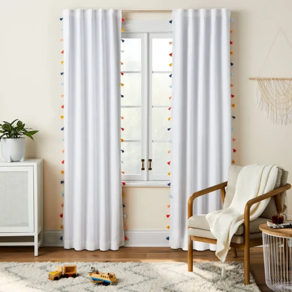 84" Blackout Tassel Kids' Curtain Panel White - Pillowfort