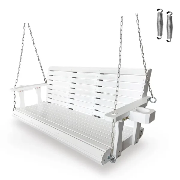 Innovaze 5 Ft Outdoor Wooden Porch Swing with Cupholders, Heavy Duty 880 lb for 3 Person, All - Weather Resistant, White