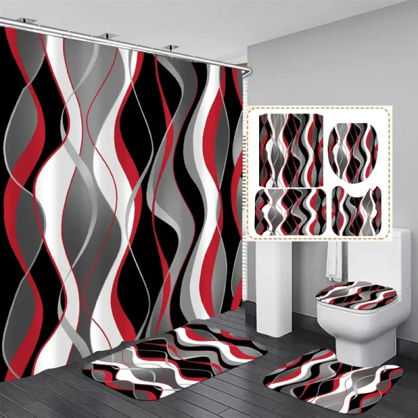Nkzply 4 Pcs Red and Black Striped Shower Curtain Set Grey and White Bathroom Sets with Shower Curtain and Rugs Red Modern Home