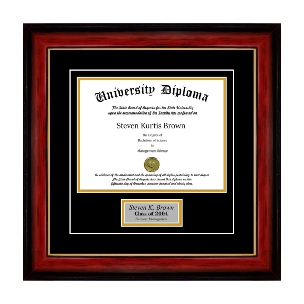 Personalized Single Diploma Frame with Double Matting for 9" x 7" Tall Diploma with Black 3/4" Frame