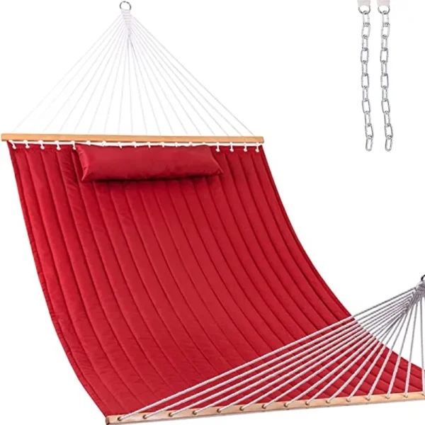 Lazy Daze Hammocks 55" Double Size Quilted Fabric Hammock with Hardwood Spreader Bar and Poly Head Pillow Stylish for Two Person, Red