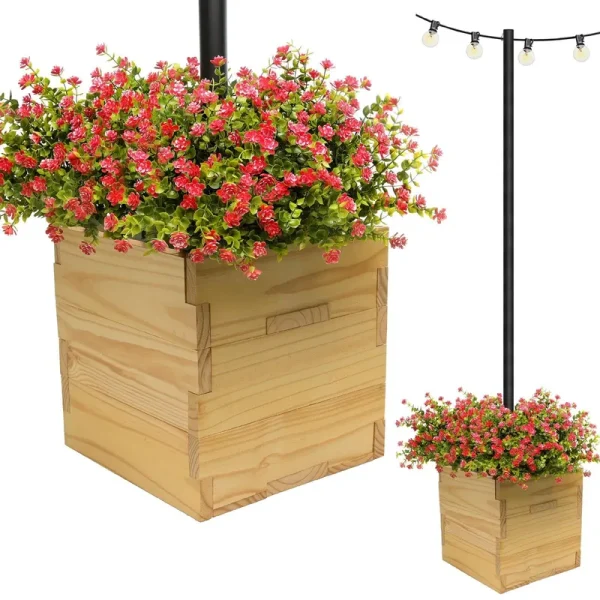 Excello Global Products EGP-HD-0478-OS Extra Large 18 in. Natural Wooden Planter Box with String Light Pole Sleeve
