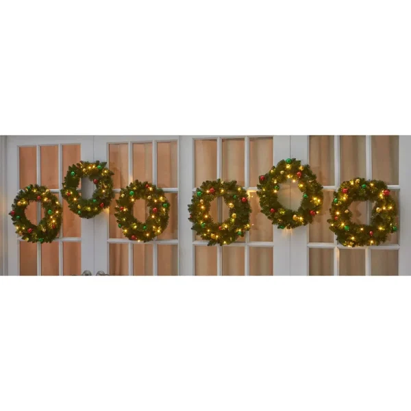 BrylaneHome 18 inch Pre-Lit Arrow-Tip Wreaths, Set of 6, Ornaments