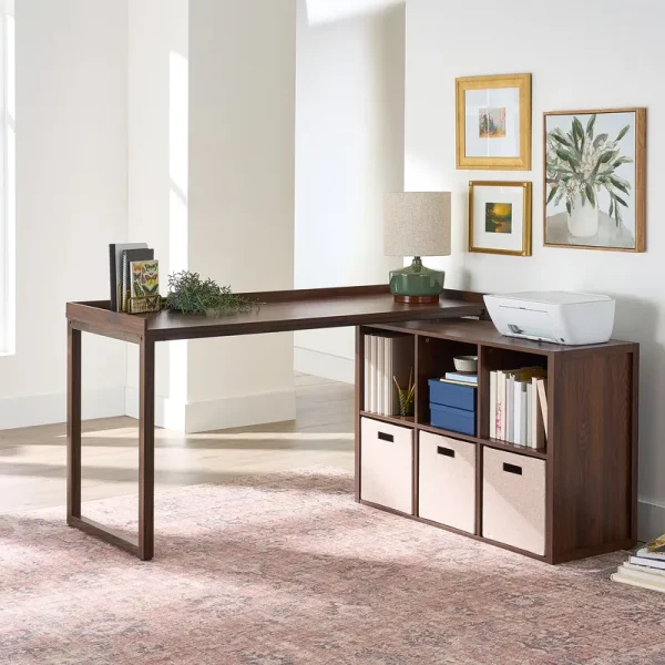 Better Homes & Gardens Ezra Modular L Desk with 6 - Cube Storage, Walnut Finish