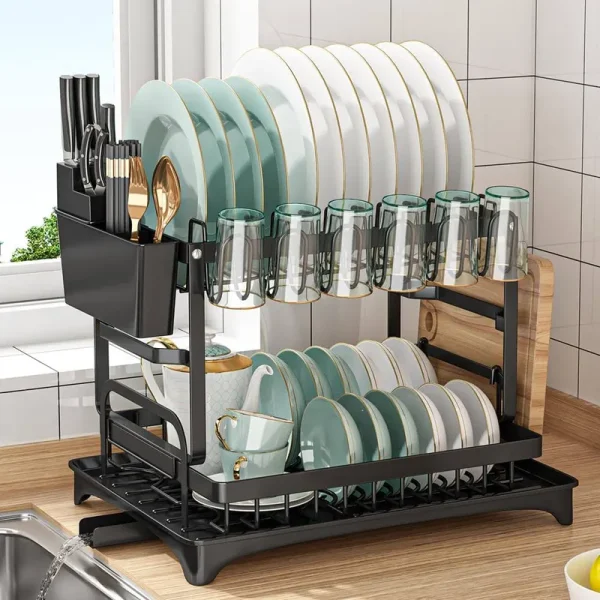Dish Drying Rack, Multifunctional Dish Rack, Rustproof Kitchen Dish Drying Rack with Drainboard, Space-Saving 2-Tier Dish Drying Rack with A Large