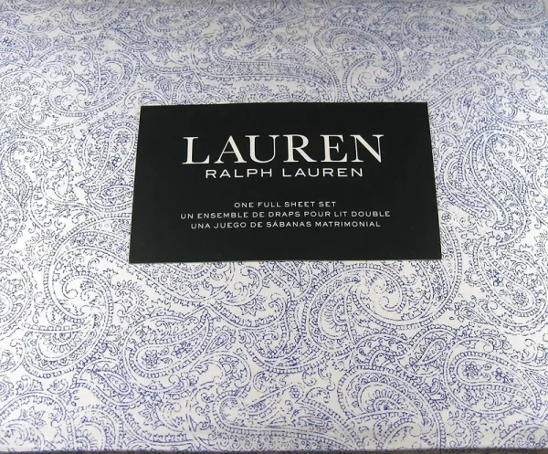Lauren Ralph Lauren Full Size Paisley Floral Sheet Set Cotton 300 Thread Count Indigo Blue/White