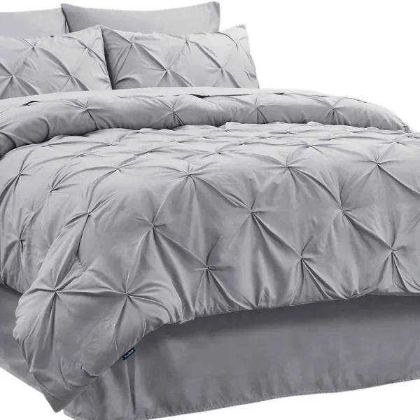 Bedsure King Size Comforter Set - Bedding Set King 7 Pieces, Pintuck Bed in A Bag Grey Bed Set with Comforter, Sheets, Pillowcases & Shams