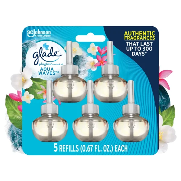 Glade PlugIns Scented Oil, Aqua Waves, Refills - 5 pack, 0.67 fl oz refills