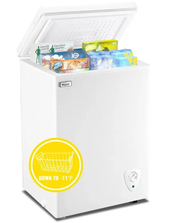 3.5 Cubic Feet Chest Freezer Small Deep Freezers with Removable Storage Basket Free Standing Top Door Compact Freezer 7 Gears Temperature Control
