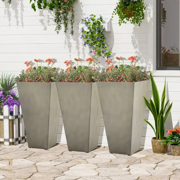 Outsunny 28" Tall Plastic Flower Pot, Set of 3, Large Outdoor & Indoor Plastic Garden Planters, for Entryway, Patio, Yard - Grey