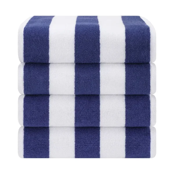 American Soft Linen, 100% Cotton 4 Pack Beach Towels, 30" x 60" Cabana Striped Pool Towels, Navy Blue