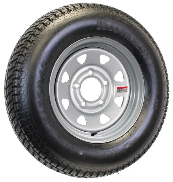 2 - Pack Trailer Tire on Silver Spoke Rim ST205/75D15 Load C 5 Lug 4.5" 15x5 Wheel