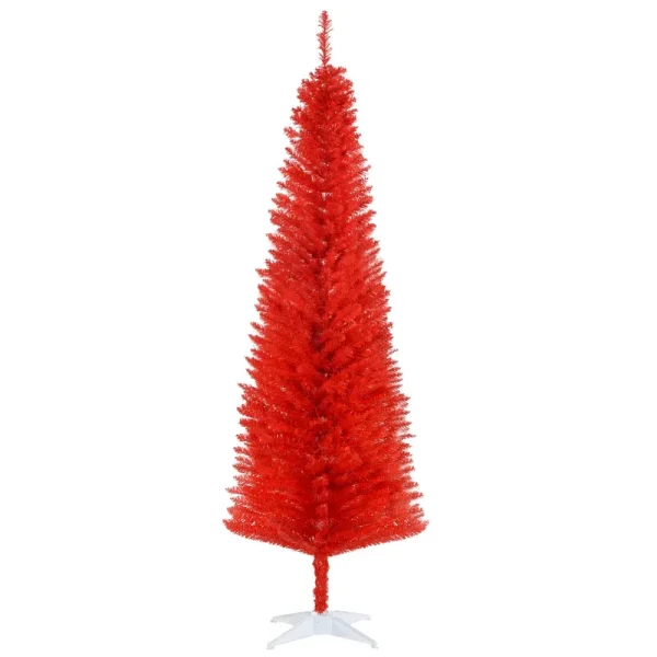 HOMCOM 6 ft Artificial Pencil Christmas Tree, Slim Xmas Tree with 390 Realistic Branch Tips and Plastic Stand, Red