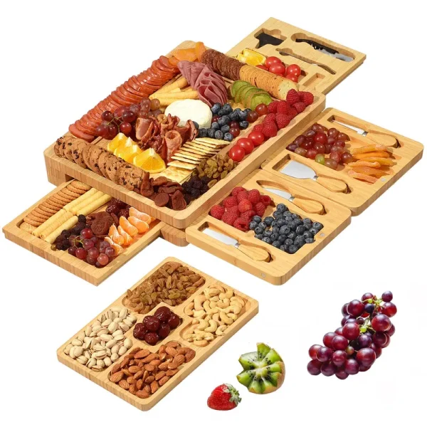 Large Charcuterie Boards Set for Cheese - Bamboo Cheese Board and Knife Set with Extra Cheese Platter, Charcuterie Board Cheeseboard Cheese Plate