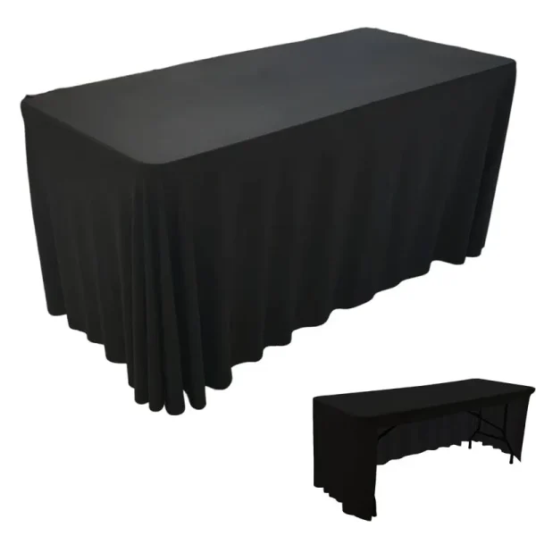 HAORUI Open Back Table Skirts, Rectangle Wrinkle Resistant Table Clothes, Ruffles Elastic Table Cover for Banquets, Weddings, Parties (6ft Black)