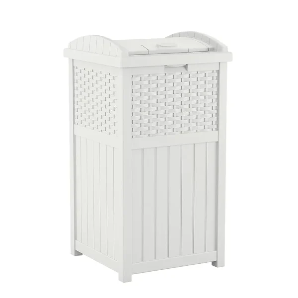 Suncast Wicker Resin Outdoor Hideaway Trash Can Bin with Latching Lid White