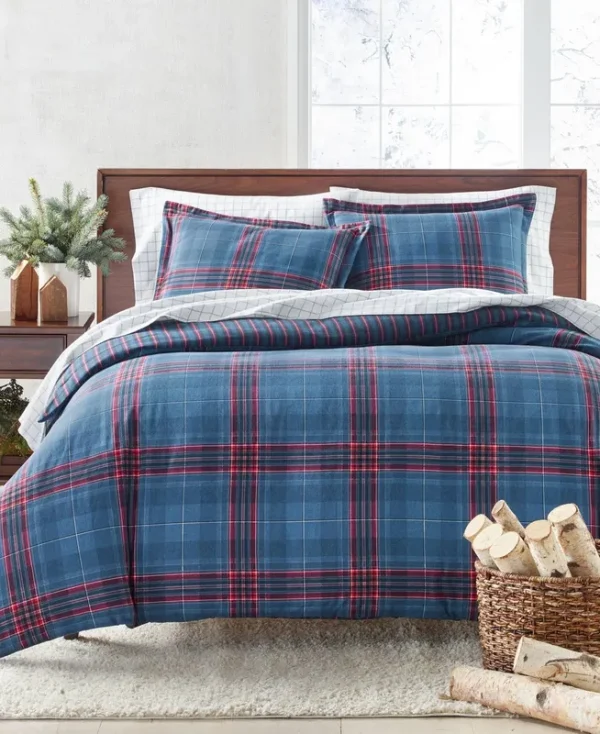 Charter Club Navy Plaid Flannel Comforter, King, Created for Macy's - Blue Plaid