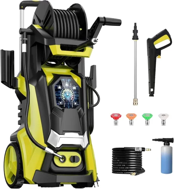 Electric Pressure Washer 5000PSI - Max 3.6GPM Power Washer Touch Screen Adjustable Pressure, 4 Nozzles and 500 ml Foam Cannon Power Washer Cleaning for Patio Yellow
