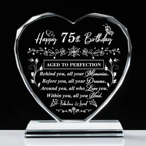 QIANRUNA 75th Birthday Gifts for Women Men, Laser Glass Heart 75th Birthday Decorations Ideas, Happy Birthday Gifts for 75 Year Old Men Women