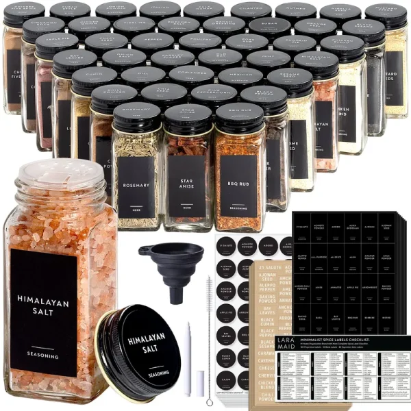 Laramaid 4oz 48Pack Glass Jars with 459 Minimalist Black Vinyl Spice Labels, Shaker Lids Dispenser with Airtight Black Metal Caps, White Pen,