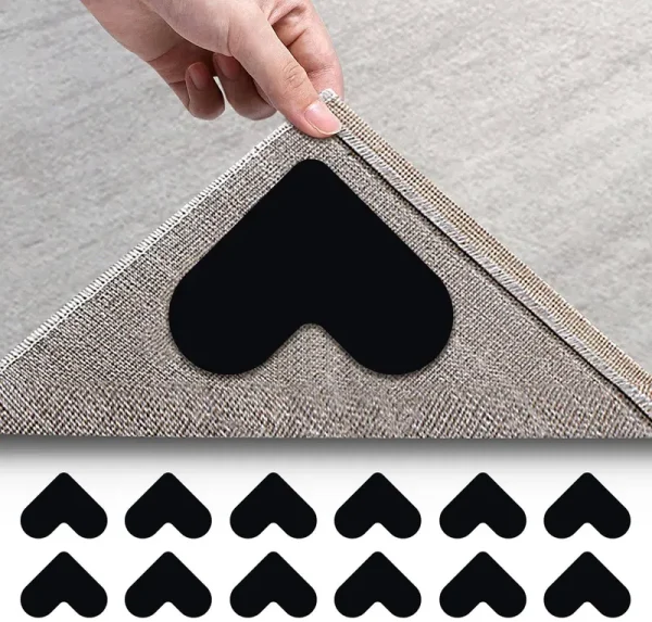 Kppex 12 Pack Rug Gripper Double Sided Non-Slip Rug Pads Rug Tape Stickers Washable Area Rug Pad Carpet Tape Corner Side Gripper for Hardwood Floors A