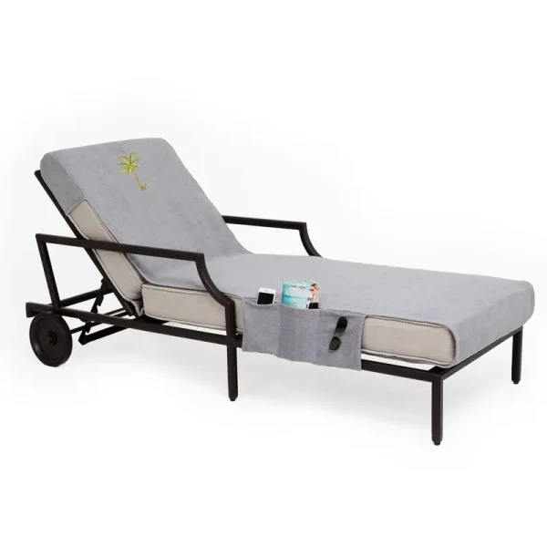 Linum Home Textiles Embroidered Palm Tree Standard Size Chaise Lounge Cover with Side Pockets, Grey, Cotton