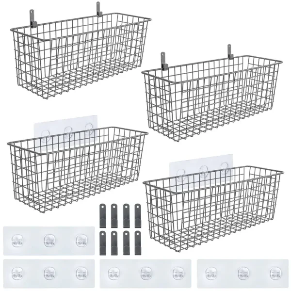 Aozita 4 Set Extra Large Hanging Wall Basket for Storage, Wall Mount Sturdy Steel Wire Baskets, Metal Hang Cabinet Bin Wall Shelves, Rustic Farmhouse