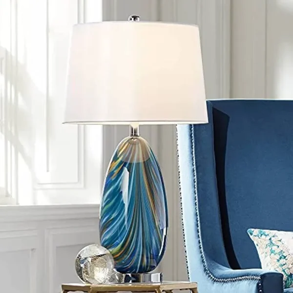 Possini Euro Design Modern Table Lamp Multi Color Blue Art Glass Tapered Drum Shade for Living Room Bedroom Nightstand Family