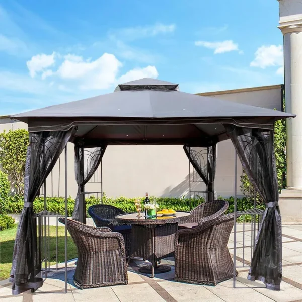 10 ft. x 10 ft. Grey Top Outdoor Patio Gazebo Canopy Tent with Ventilated Double Roof and Mosquito Net (Gazebo)