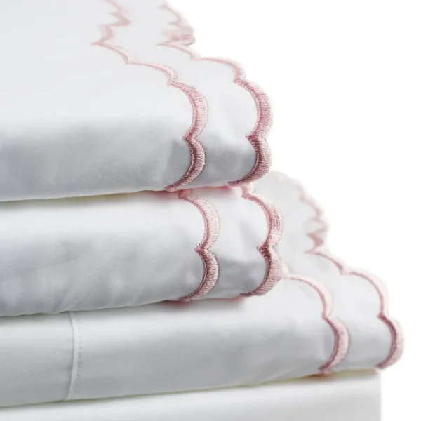 Melange Home Percale Cotton Double Scalloped Embroidered Crisp Sheet Set Twin - Rose