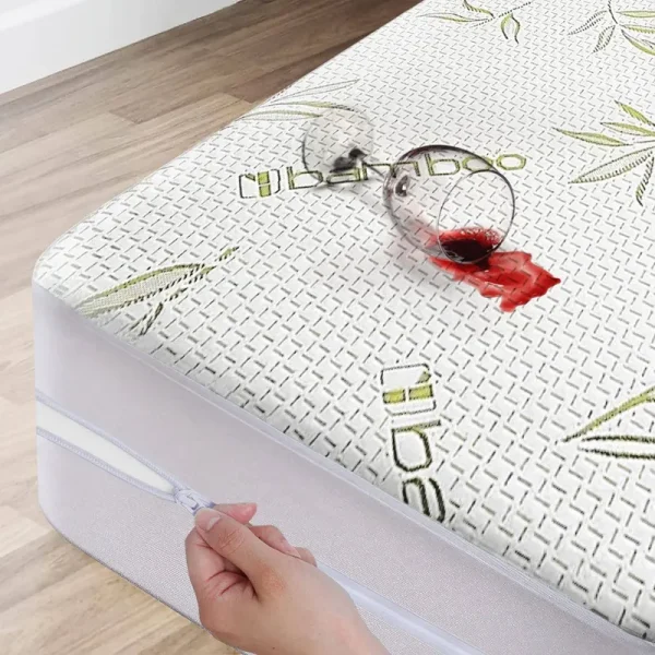 Bamboo Mattress Protector with Zipper - 100% Waterproof Queen Size Cooling Mattress Cover - Ultra Soft Jacquard Fabric Breathable Noiseless Mattress