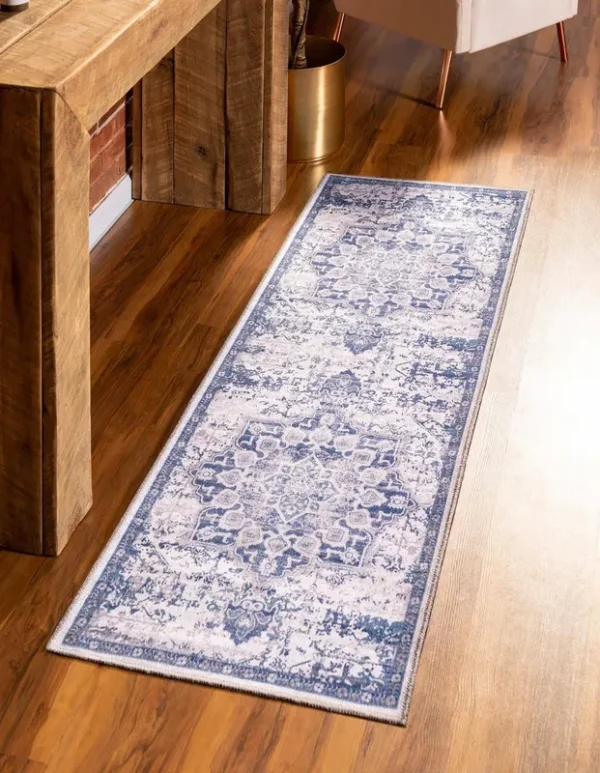 Wasahable Renaissance 5 ft Runner Blue Floral Area Rug