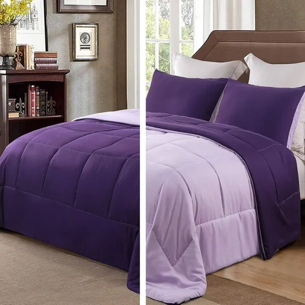 Exclusivo Mezcla Lightweight Reversible 3-Piece Comforter Set for All Seasons, Down Alternative Comforter with 2 Pillow Shams, Queen size, Deep Purple