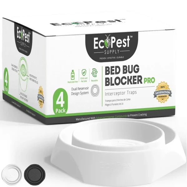 EcoPest Bed Bug Interceptors ÿ 4 Pack | Bed Bug Blocker (Pro) Interceptor Traps (White) | Insect Trap, Monitor, and Detector for Bed Legs
