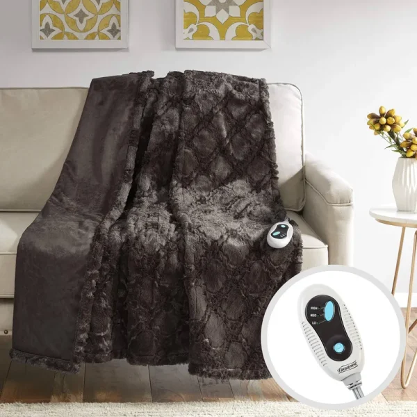 Beautyrest Bailey 50" x 60" Ogee Heated Long Fur Throw - Chocolate