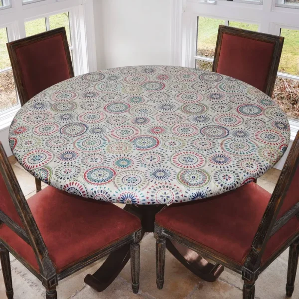 Covers for The Home Elastic Edged Flannel Backed Vinyl Fitted Table Cover - Multi-Color Geometric Pattern - Large Round - Fits T