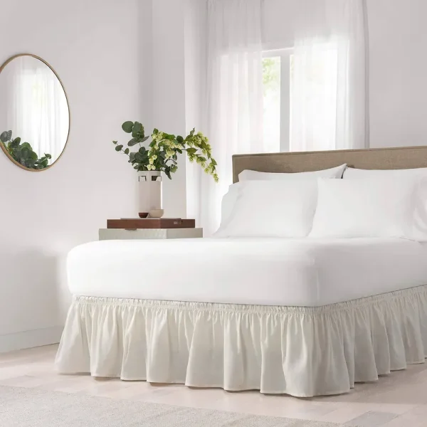 Easy Fit Wrap Around Solid Ruffled Bed Skirt, Ivory, Queen/King