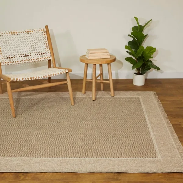 Allen + Roth with STAINMASTER Indy Fringe Performance 5 x 7 (ft) Beige Indoor/Outdoor Border Area Rug | 3111937