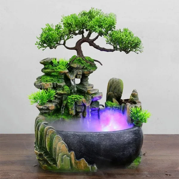11" Desktop Waterfall Bonsai Mini Rock Fountain w/LED Lights & Atomizer, Small Artificial Bonsai Tabletop Decor Fountain Rockery, Desktop Fountain