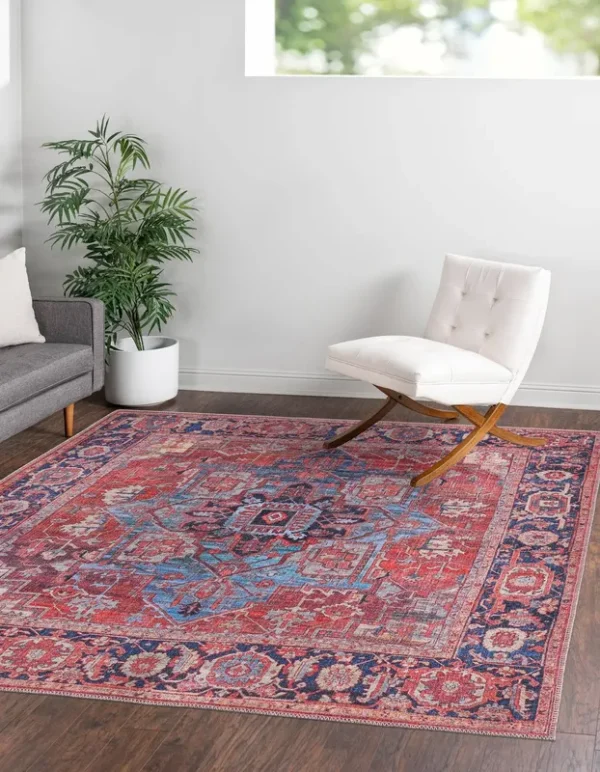 Rugs.com Maahru Collection Washable Rug 5 ft Square Rust Red Low-Pile Rug Perf