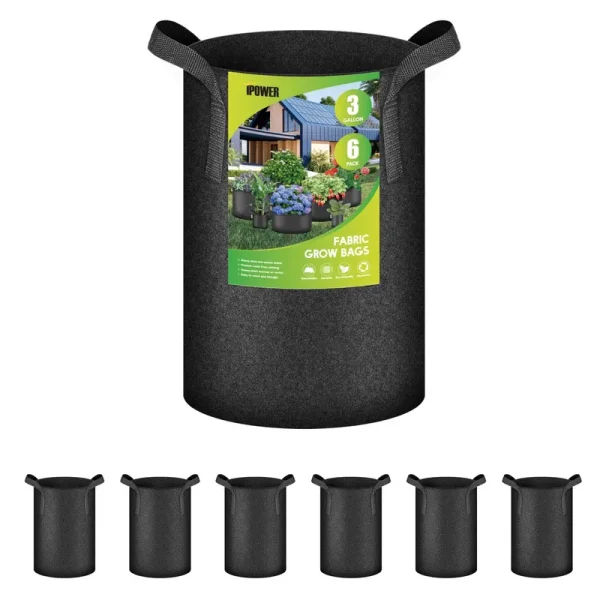 iPower Plant Grow Bag 3 Gallon 6-Pack Heavy Duty Fabric Pots, 300g Thick Nonwoven Fabric Containers Aeration with Nylon Handles, for Planting, Black
