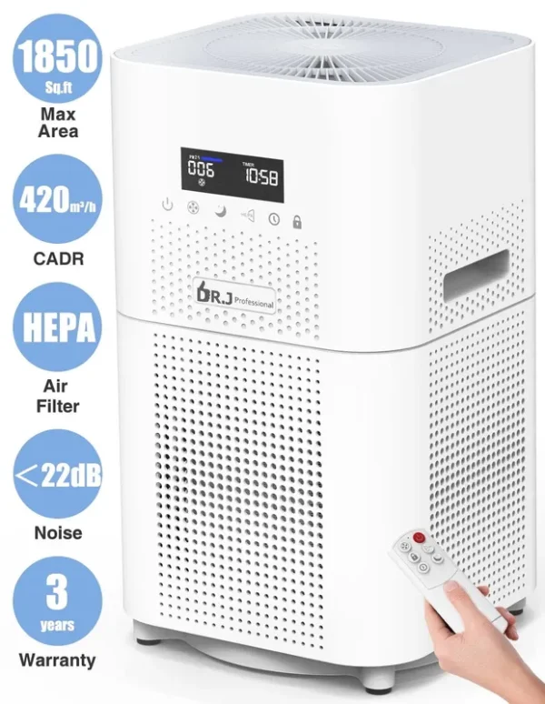 Dr. J Professional HEPA Air Purifier for Large Rooms Up to 1850 sq.ft Air Purifiers for Pet DanderOdor Dust Pollen Wildfire/Smoke