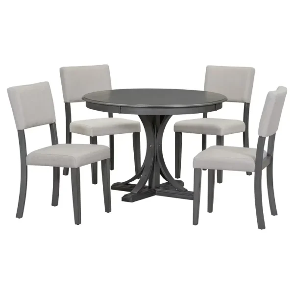 5 Piece Retro Round Dining Table Set with 4 Upholstered Chairs, Wood Dining Table with Curved Trestle Style Legs