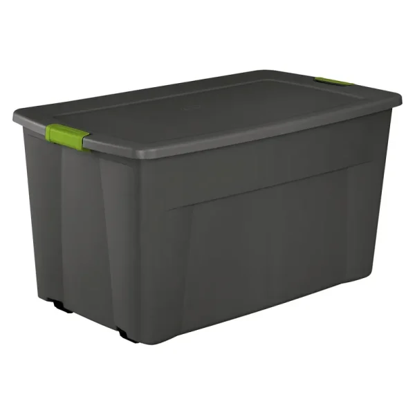 Sterilite 1948 Wheeled Latch Tote With Soft Fern Latches, 45 gal, Flat Gray